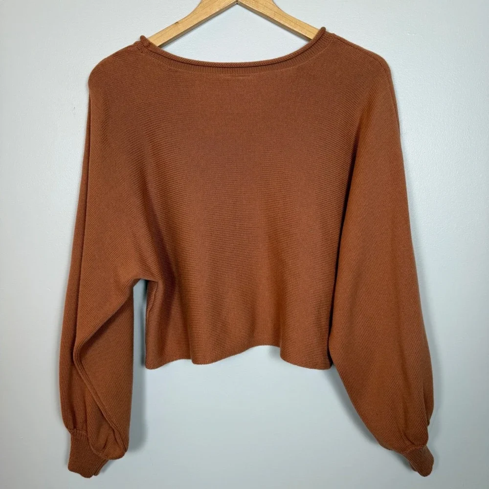 By Together Womens M Rust Brown Cropped Sweater Balloon Sleeve Cotton Knit Boho